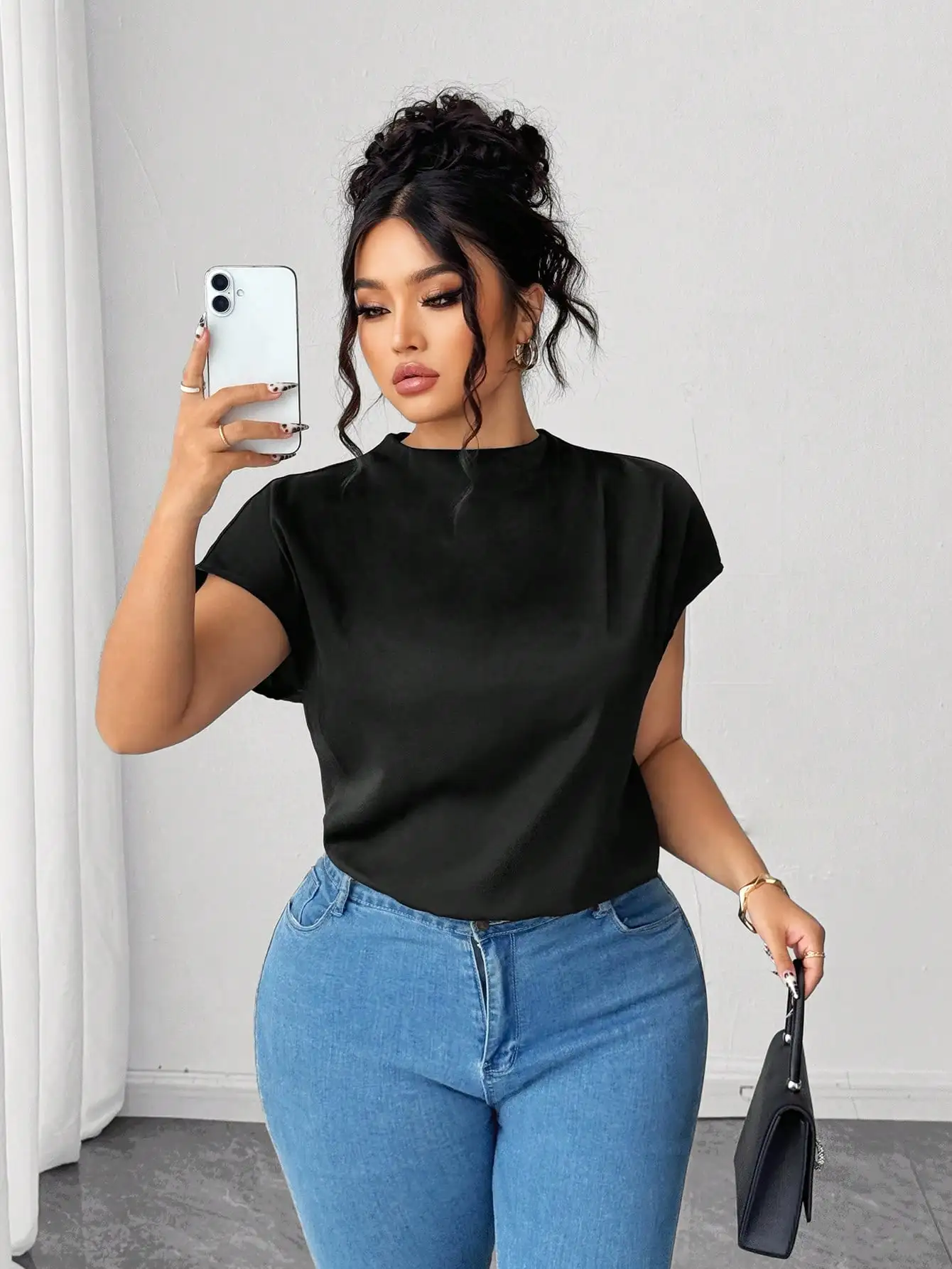 

Элегантная черная футболка из поплина для женщин больших размеров Elenzga, повседневный топ на весну-лето