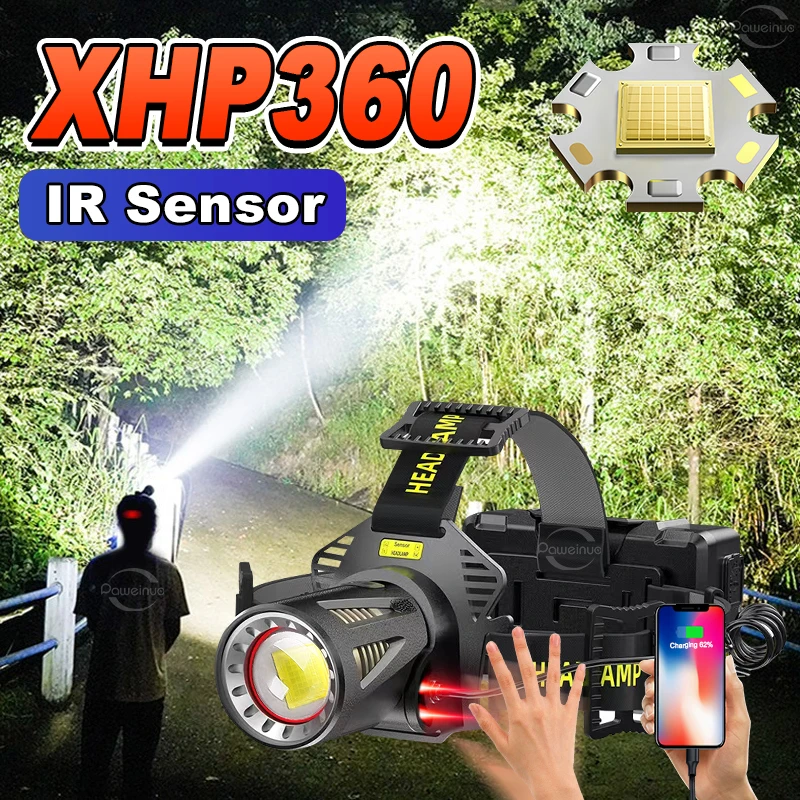 XHP360 Ultra Bright LED Headlight Rechargeable IR Induction Headlamp Long Range 6000m Head Torch Fishing Climbing Head Light