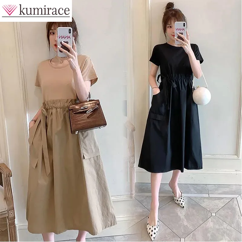 

Large Size Summer Casual Slimming and Flesh Covering Fake Two-piece Dress with Waistband Tie Up T-shirt Skirt and Black Skirt