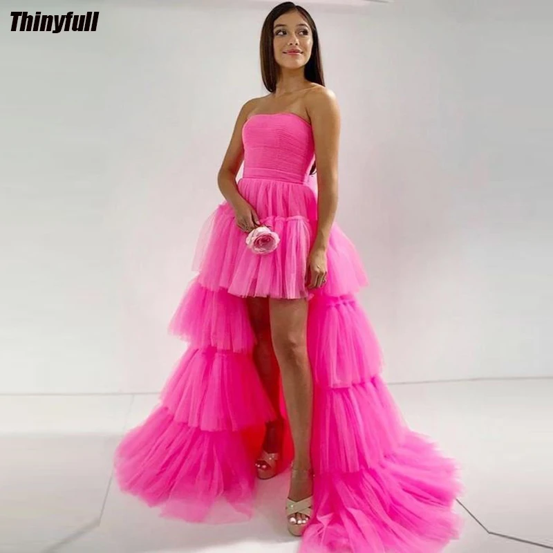 

Thinyfull A-line Tiered Tulle Evening Dresses Strapless Sleeveless Prom Dress Floor Length Formal Occasion Gown Robe De Soirée