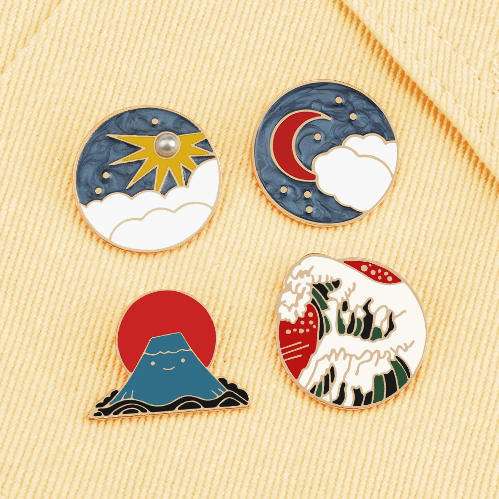 Beautiful Sky Sun Moon Sea Wave Volcano Enamel Pins Fashion Natural Beauty Scenery Brooches Coat Lapel Pin Badges Jewelry Gift