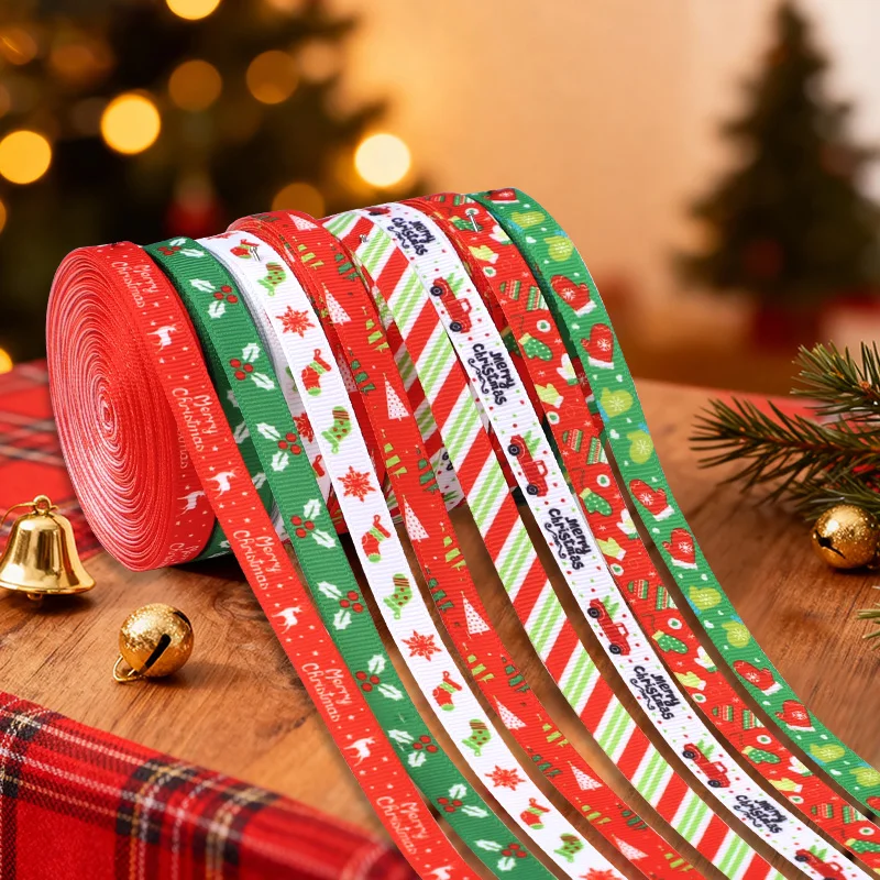 10 Yards 10 mm Weihnachtsband, bedrucktes Polyesterband, Schleife, Weihnachtsdekoration, Geschenk, Verpackungsmaterial, Neujahr, DIY, handgefertigtes Geschenk