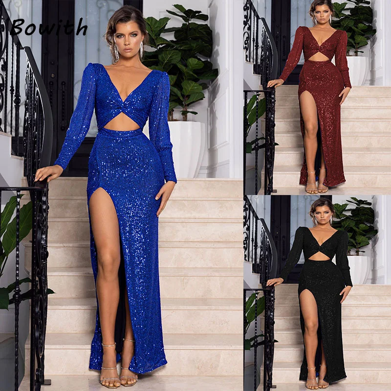 

Bowith Evening Dress Prom Elegant For Women Luxury V-neck Split Long Sleeves Dresses Wedding Party Formal Occasion Gown vestidos