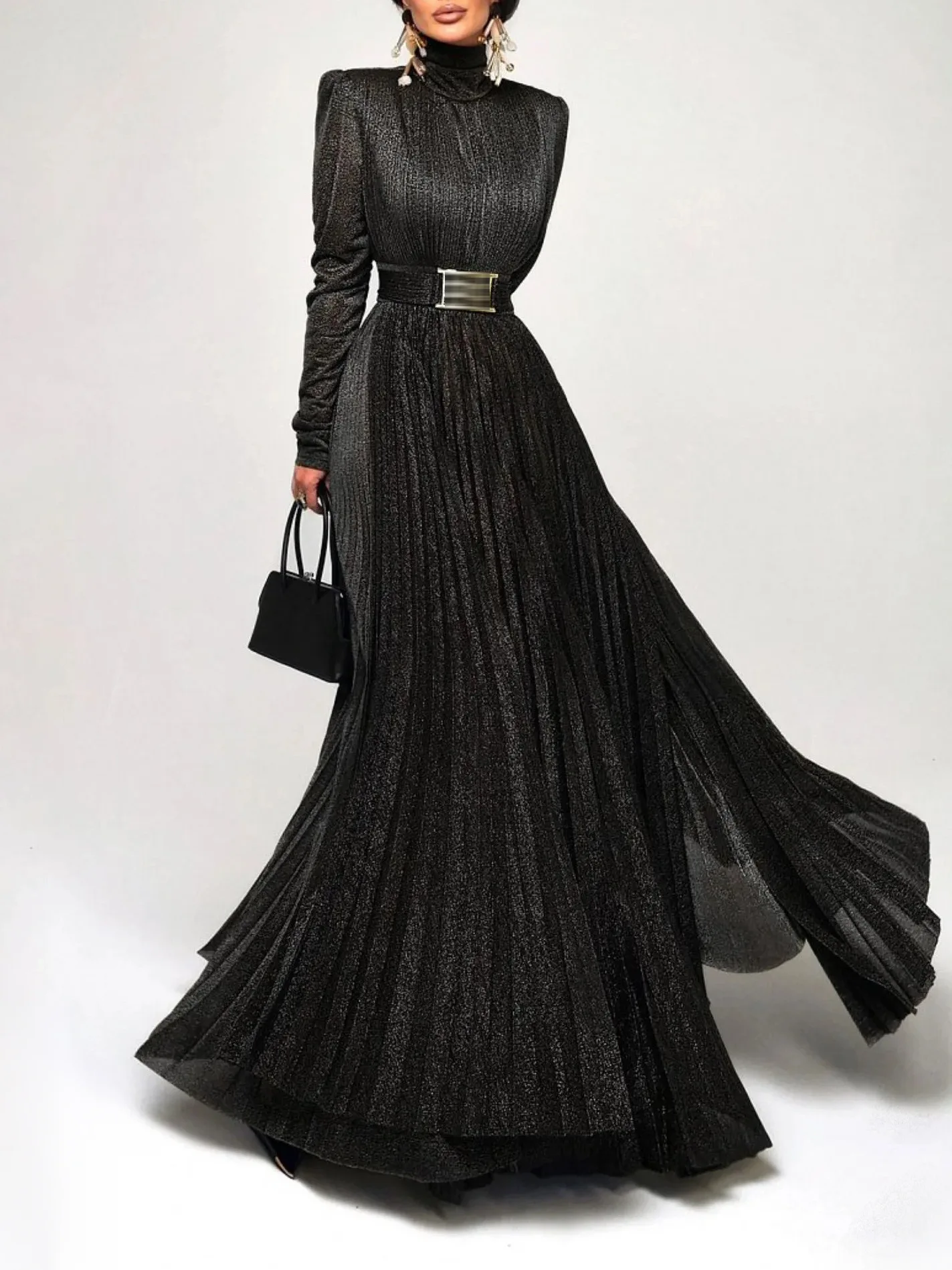 

Ele Gold Emed Long Sve Dr Воротник-стойка Мягкая юбка-макси с высокой талией для изысканных женщин Осенняя новинка...