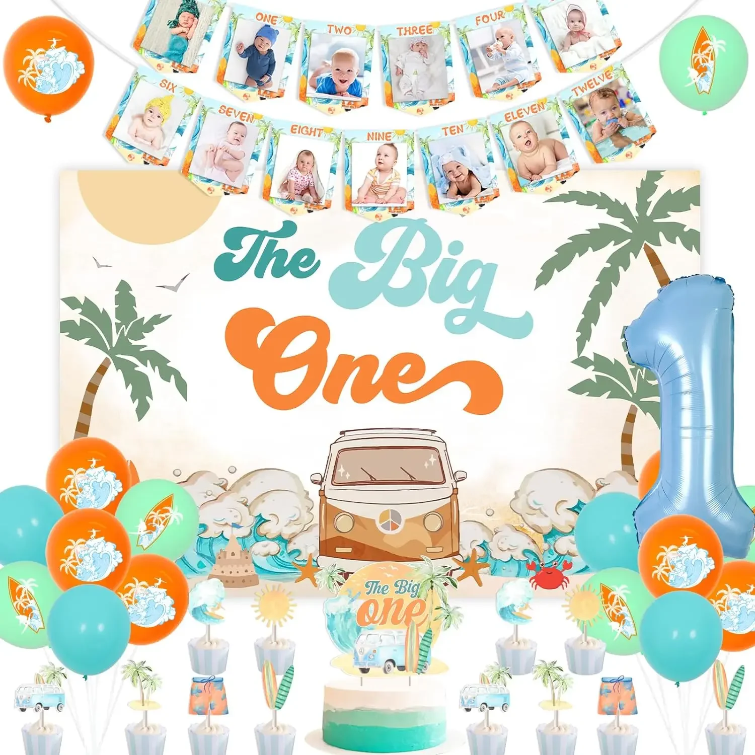 

The Big One Party Decor Vintage Backdrop Summer Surfing Birthday Party Photo Banner Cake Topper Balloon for 1st Birthday Party