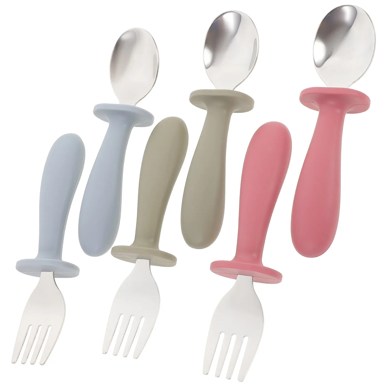 

6Pcs Stainless Steel Silicone Toddler Utensils Set Short Handle Kids Cutlery Baby Feeding Tableware Portable Baby Spoon Fork Set