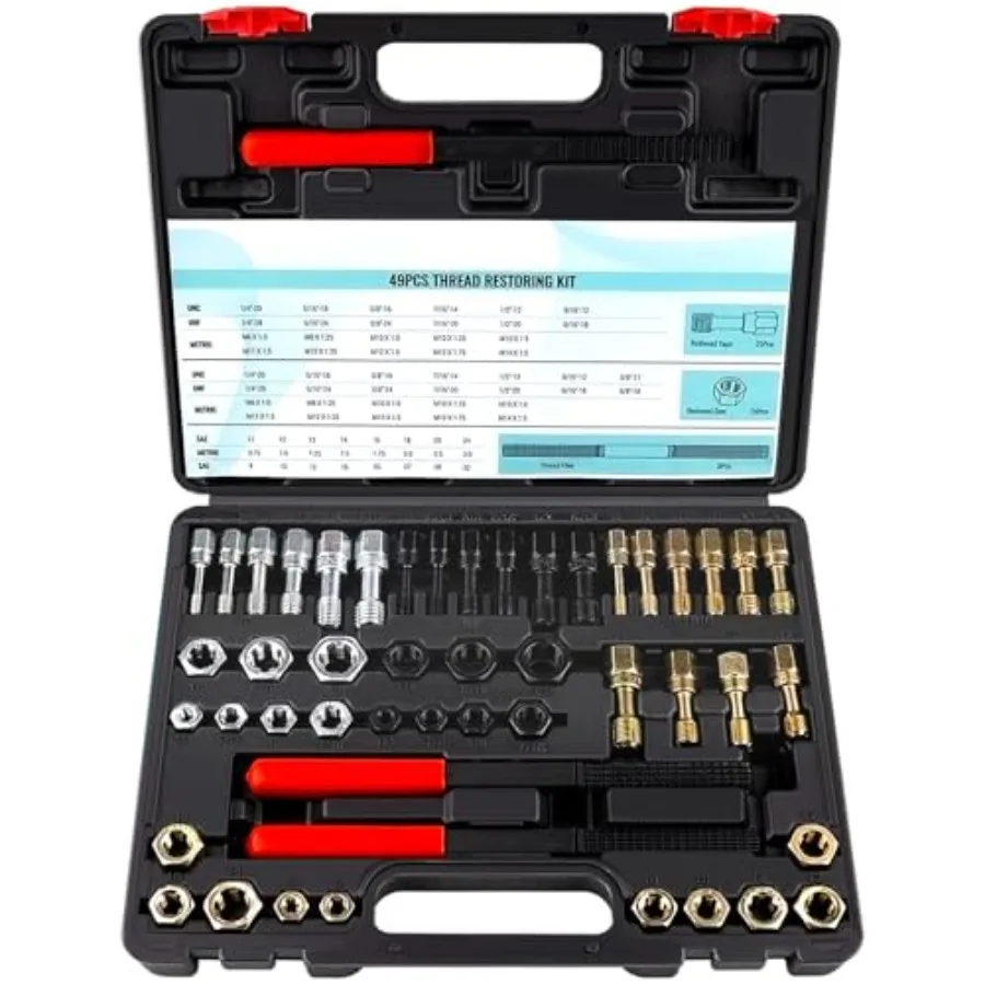 

49-Piece Thread Chaser Set, UNC UNF and Metric Thread Repair Kit with Taps, Dies, and Files, Rethread Repair Tool for Bolts, Nu