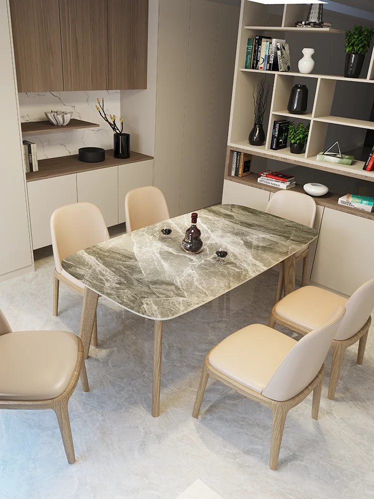 

Italian style rock board dining table, simple, light luxury, small household dining table and chair combination, white wax wood