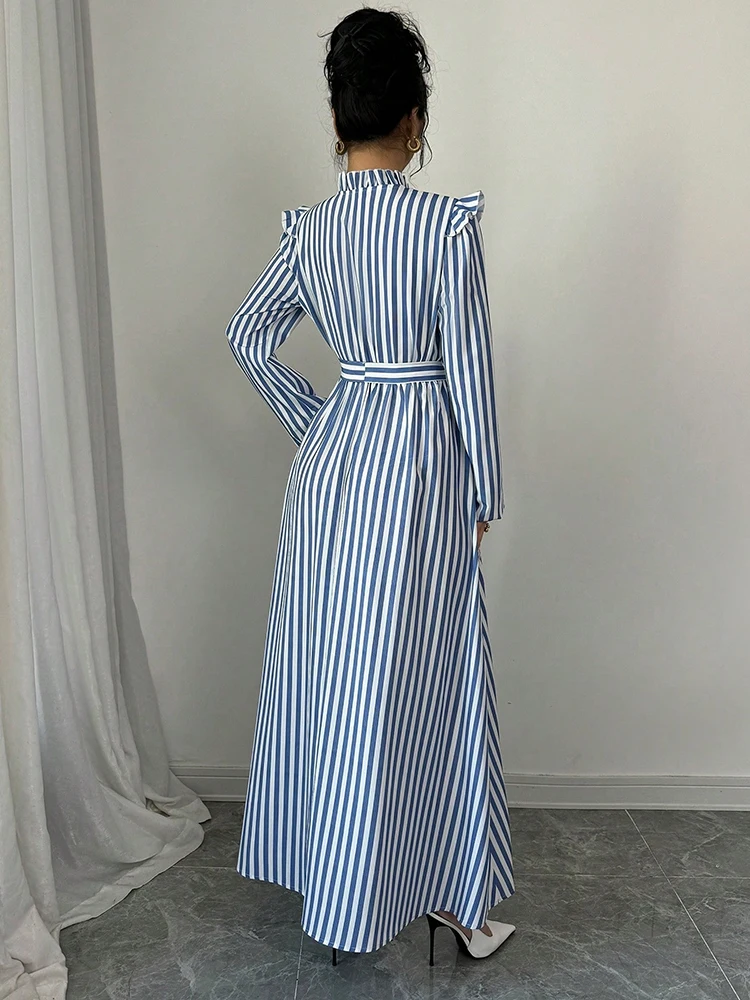 เดรสเชิ้ตสีน้ำเงินขาวลายทางเรียบง่าย สไตล์ผู้หญิง ดูสง่างาม แขนยาว พร้อมเข็มขัด แฟชั่นใหม่ล่าสุดสำหรับฤดูใบไม้ร่วง สตรีทแวร์