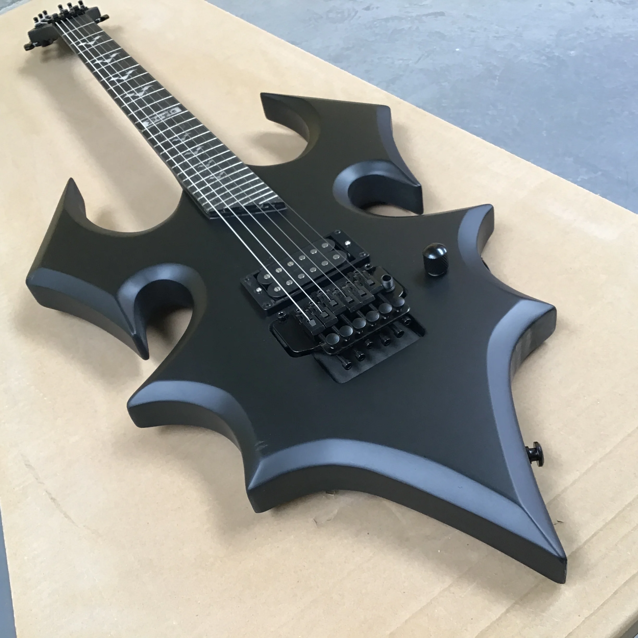 Satin Black Bat Demon Electric Guitar, Single Humbucker, Floyd Rose Tremolo, Bat Inlays, Pointed Headstock, Heavy Metal