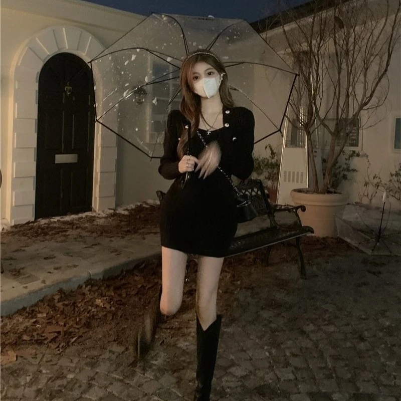 فستان نسائي منسوج أزرق أنيق أساسي رائع Harajuku كوري للخريف والشتاء تخفيضات Y2k Bodycon فساتين كروشيه نسائية #6