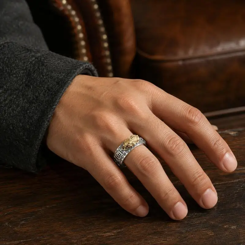 Retro Chinese Feng Shui Pixiu Ring Gold Silver Plated Adjustable For Men Women Wealth Lucky Jewelry Gift