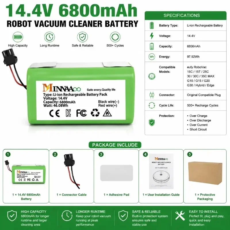 MINNAAOO 14.4V 6800mAh 4S1P Battery RS-RT900866 CMICR18650F5 for Rowenta Tefal Explorer Serie 20 40 Robot Vacuum Cleaner