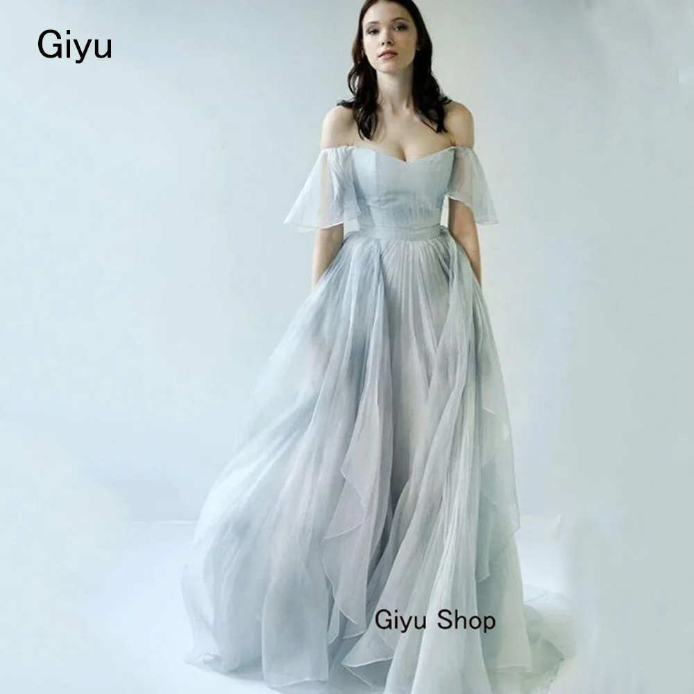 

Giyu Fairy Light Blue Evening Gown Dress A-Line V-Neck Backless Floor-length Wedding Party Dress Prom Dress Graduation Dresses