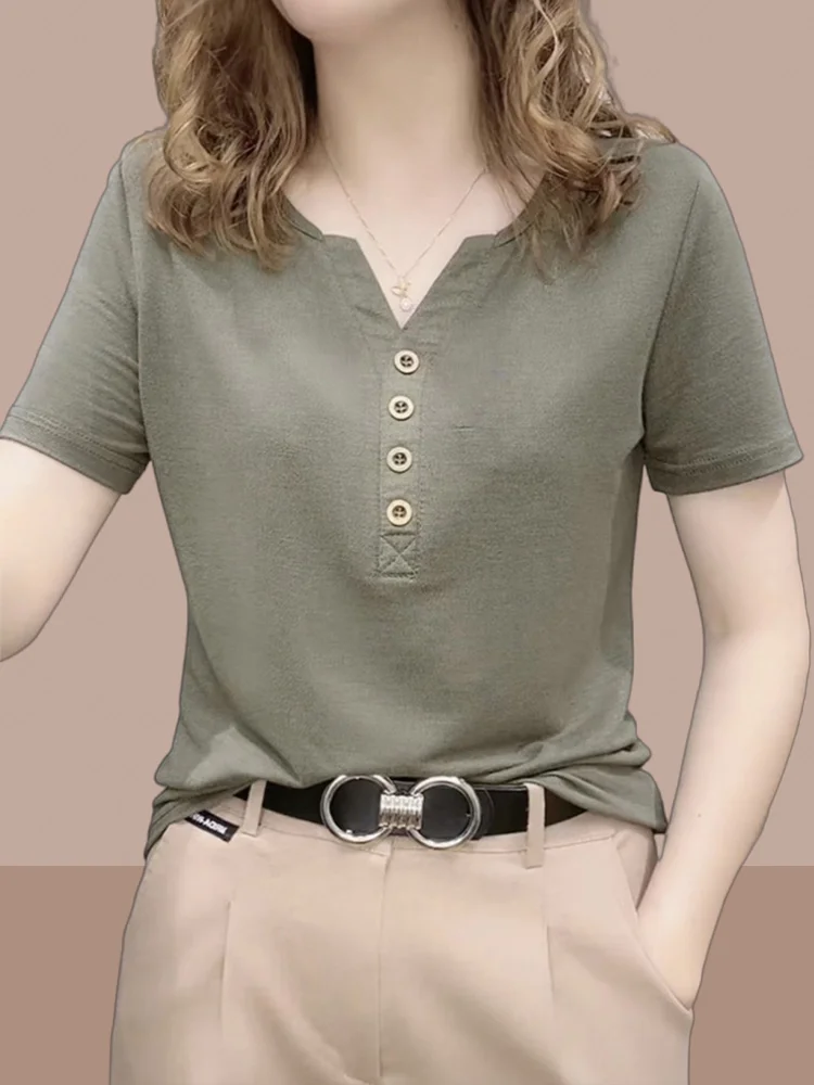 

Pure Cotton Short Sleeve T-Shirt V-Neck Women's Short Style Summer New Arrival plus Size Clothing Meat Conceal Slimming Effect