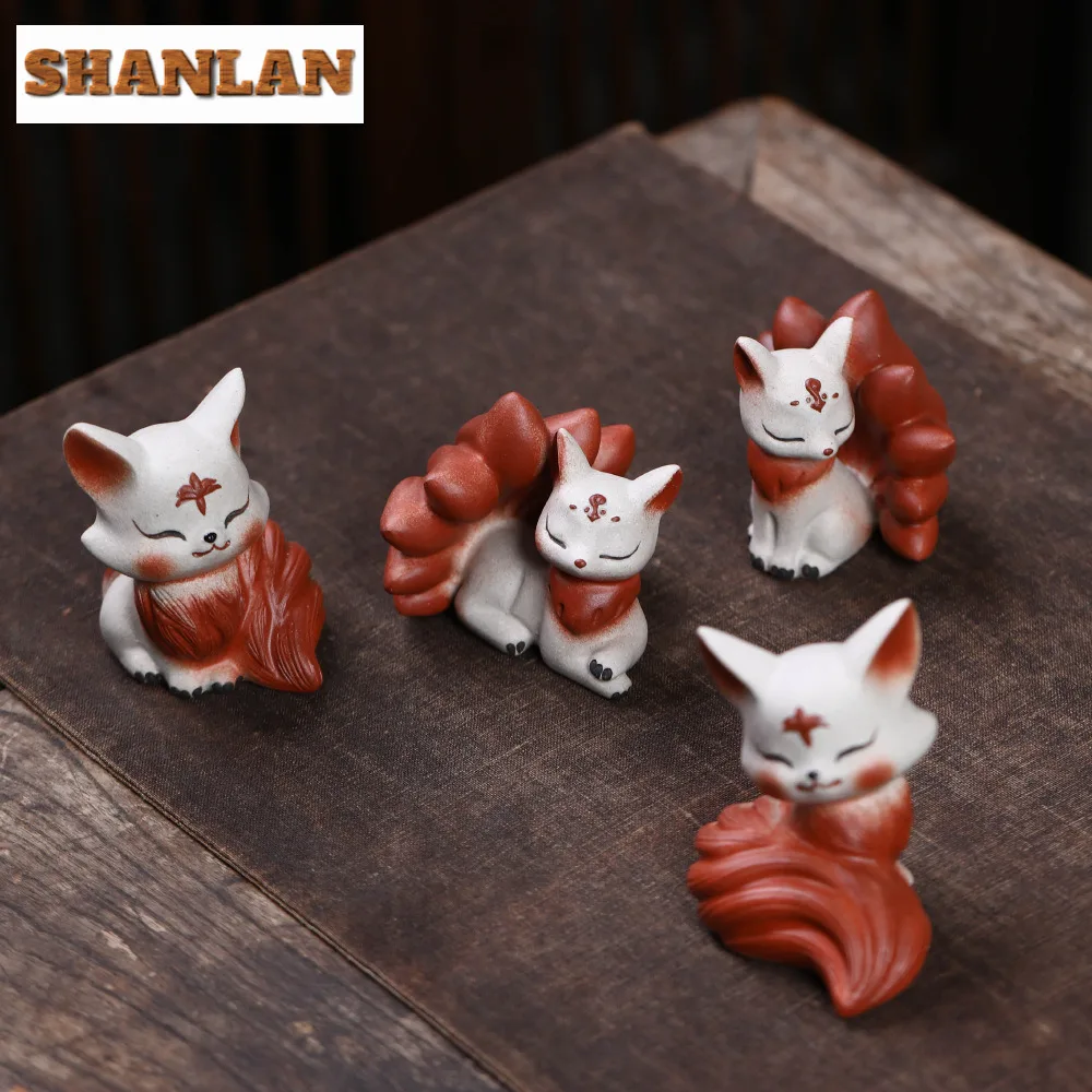 Yixing Purple Clay Nine-tailed Spirit Fox Tea Pet Zen Flowerpot Landscaping Tea Figurine Play Toys Tea Statue Ornaments Teaset