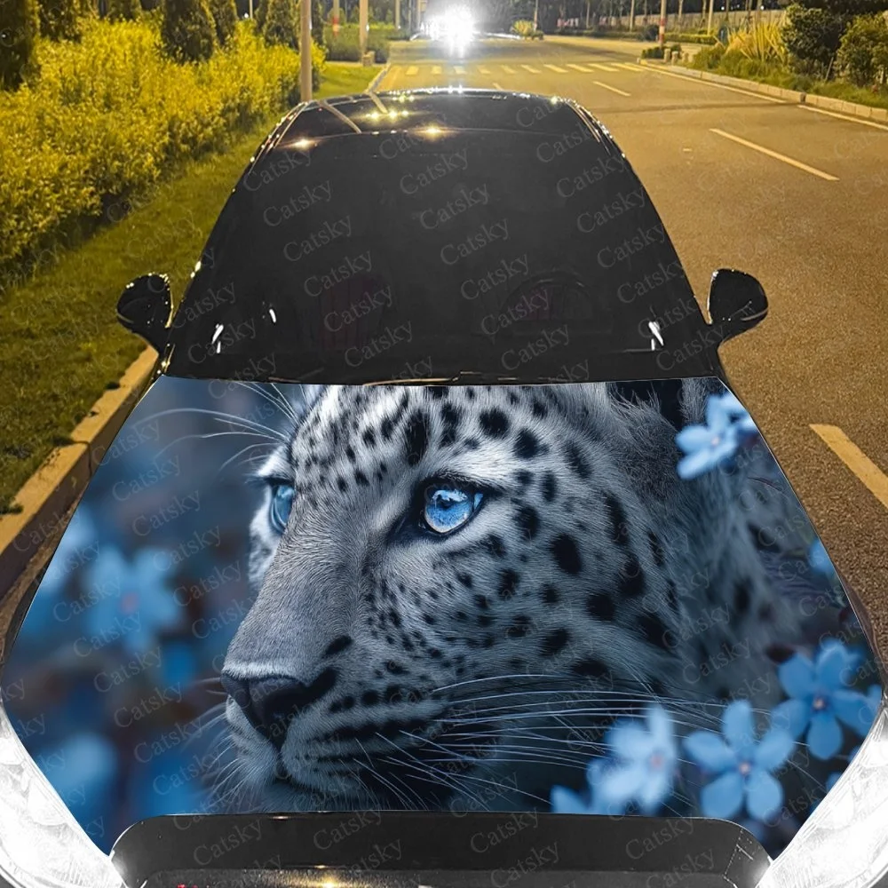 Snow leopard with striking blue eyes, surrounded by delicate blue flowers, elegantly adorning the car hood.Car hood sticker