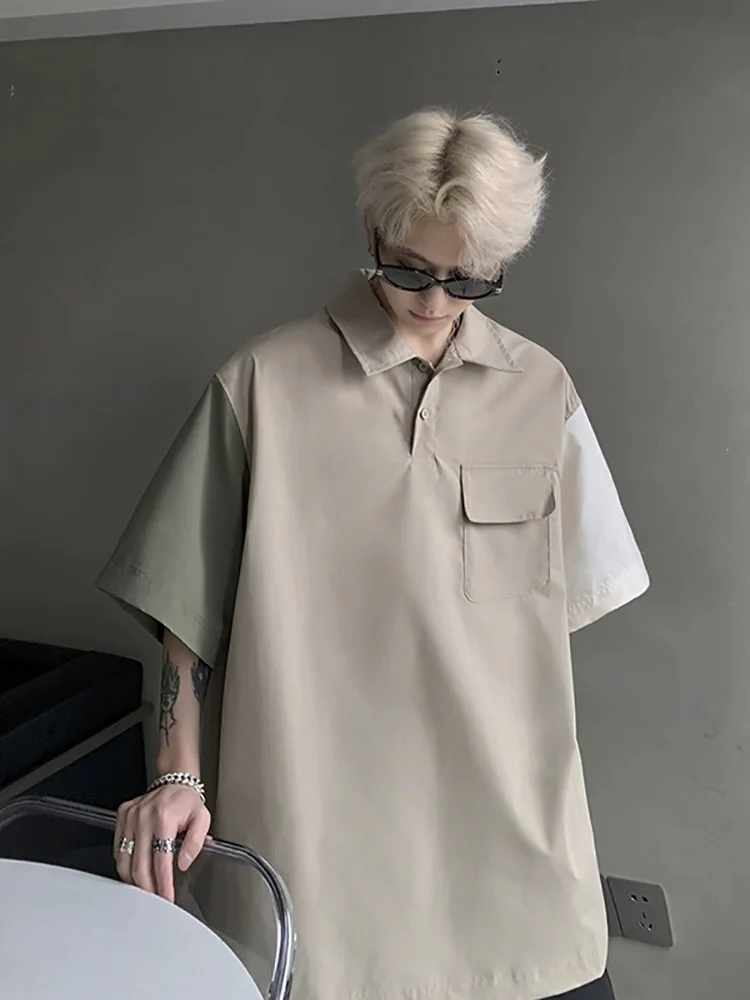 Summer patchwork short sleeve polo shirt men trendy loose contrasting color shirt top casual sexy handsome half sleeved shirt