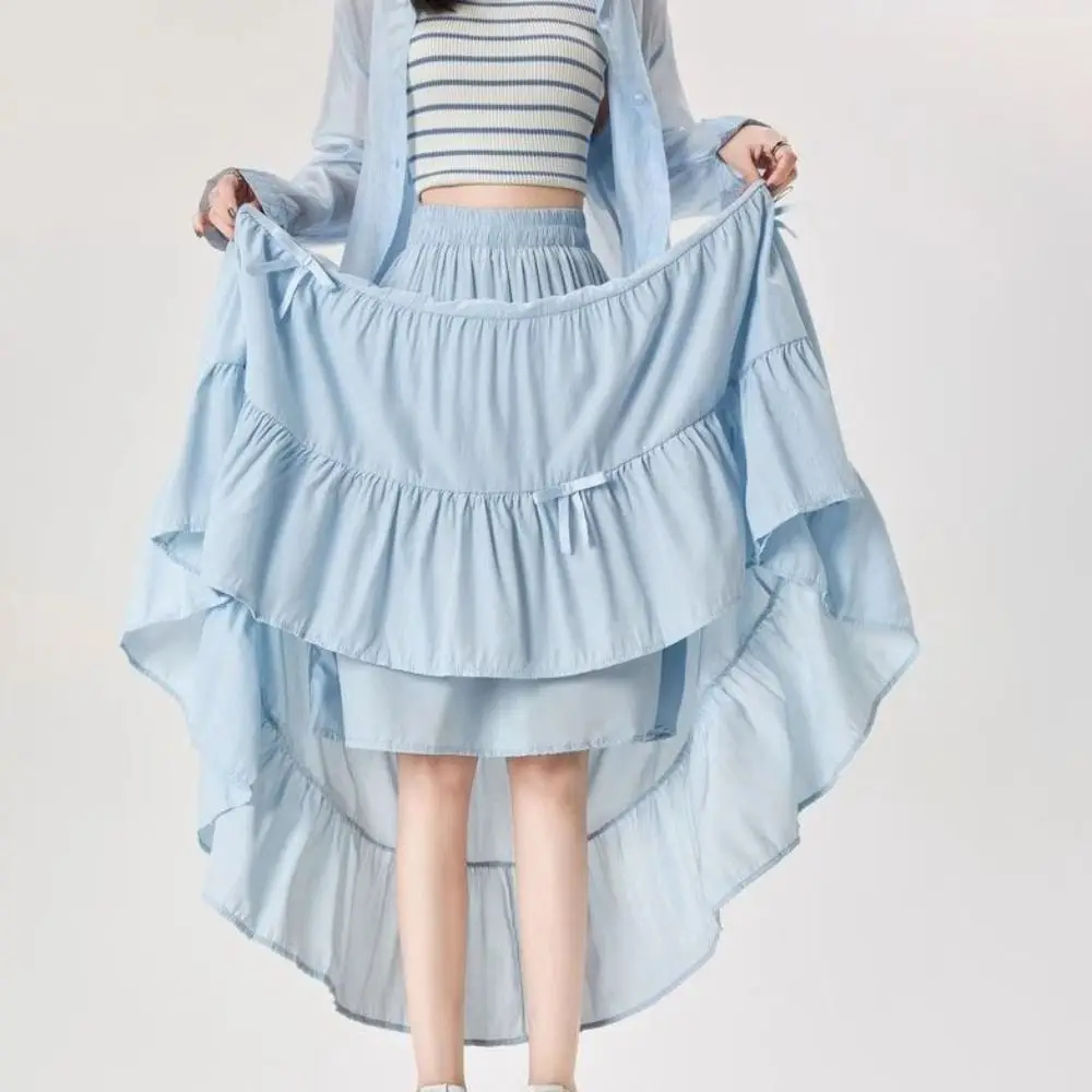 Bowknot المتدرج ميدي تنورة عالية الخصر مطوي كعكة طويلة ألف خط التنانير كوريا نمط بلون سبع نقاط فستان طويل كوريا نمط