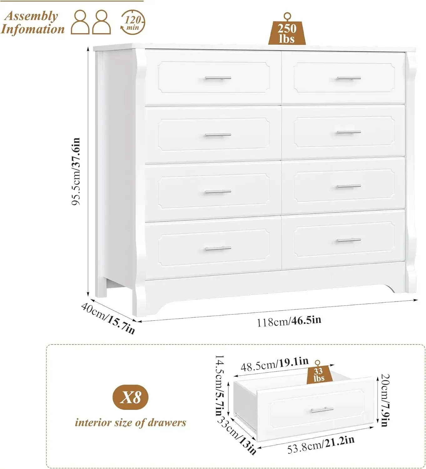 8 Drawer Dresser for Bedroom, White Dresser, 47