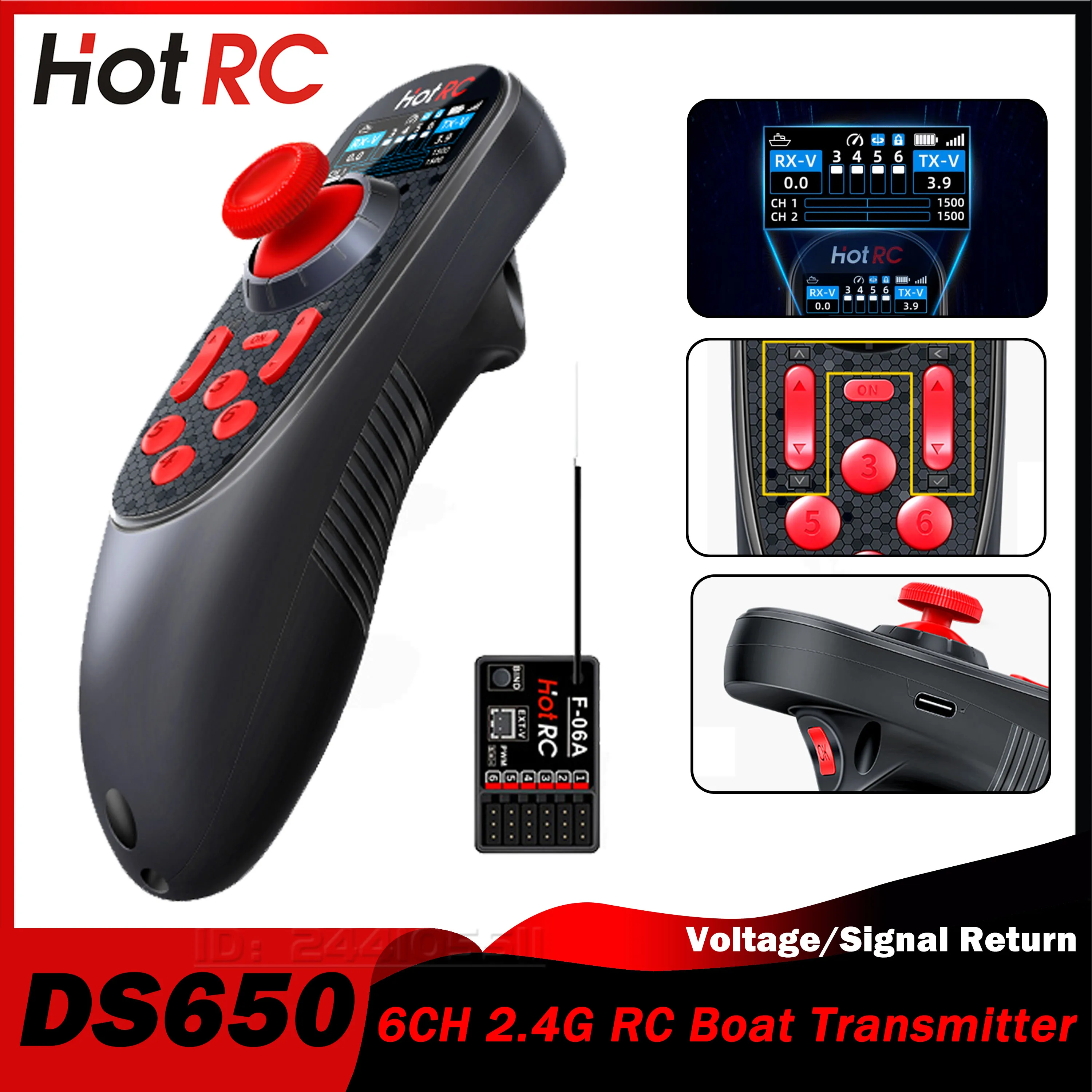

HOTRC DS650 6CH 2,4G RC Лодка Цветной экран Пульт дистанционного управления Передатчик F-06A ШИМ Приемник Напряжение/Сигнал Возврат Танк Автомобильный корабль