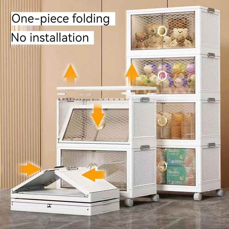 

Folding Magnetic Storage Box with Lids Stackable Cabinet Organizer with Caster Wheels Collapsible Toy Storage Bins Double Door