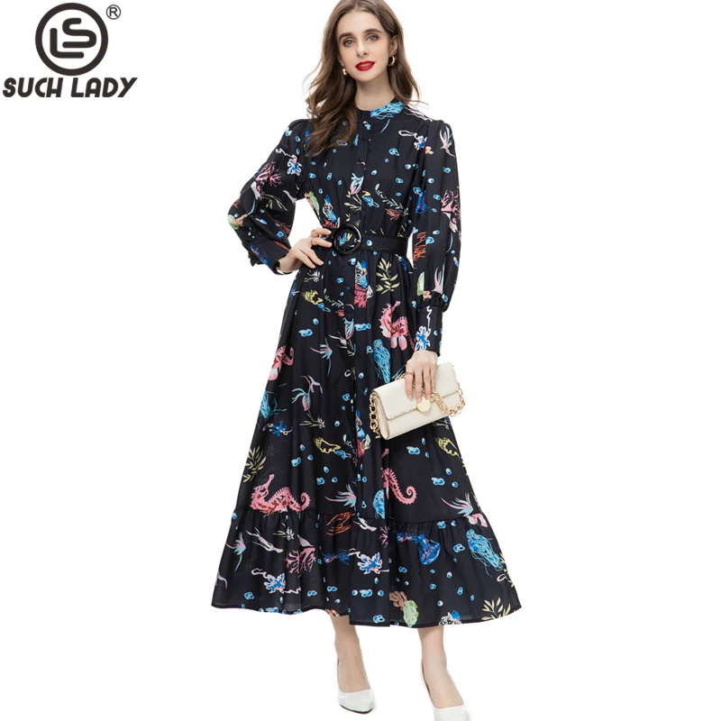 

Women's Runway Dresses Stand Collar Long Lantern Sleeves Printed Single Breasted Casual Holiday Vestidos with Belt