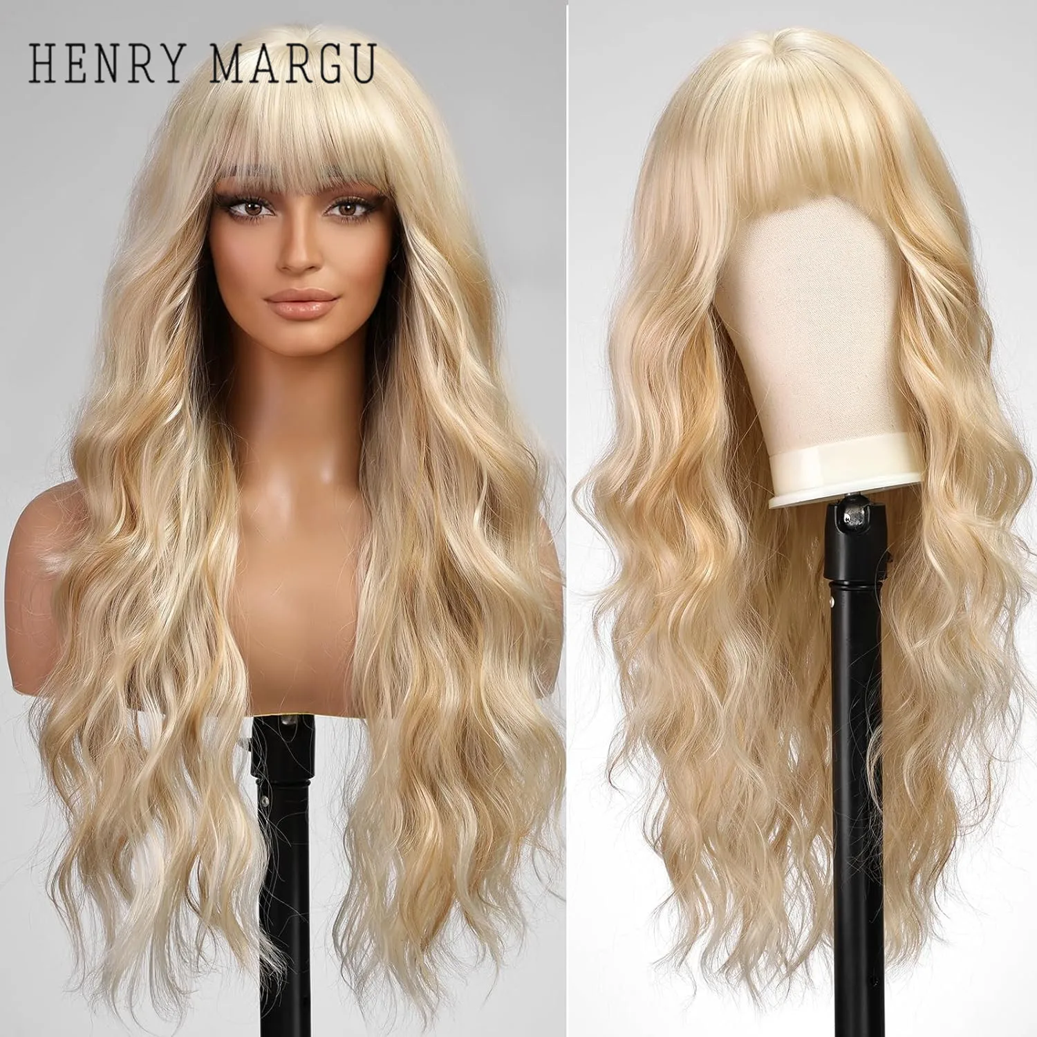 

HENRY MARGU Light Blonde Synthetic Wigs with Bangs Mixed Blonde Long Wavy Wig Women Party Daily Heat Resistant Natural Looking