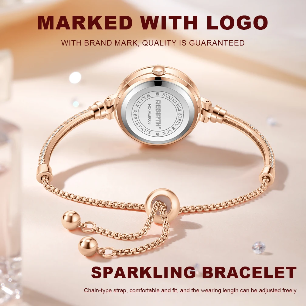 REBIRTH Waterproof Women's Watch Diamond Style Bracelet Stretchable Strap Original Watch