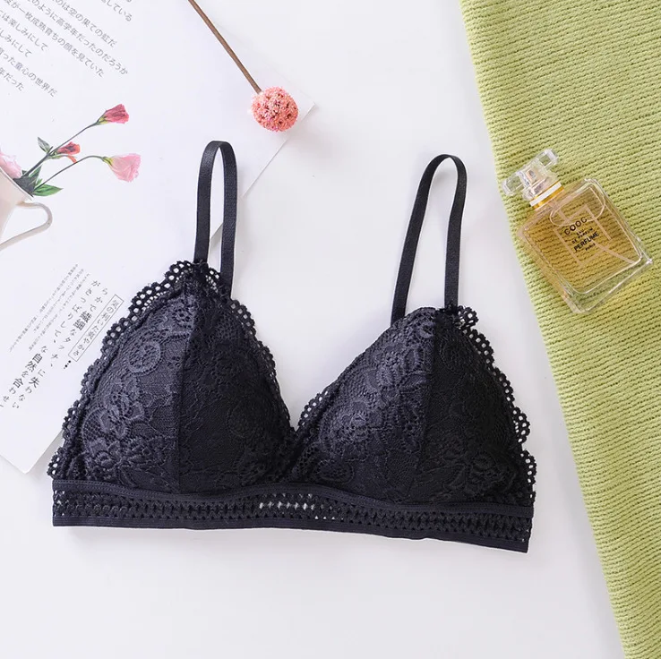 Sexy Deep V No Steel Ring Lace Bra Crop Top Triangle Cup Seamless Fitness Yoga Sports Lingerie Underwear Breathable Push Up Bras