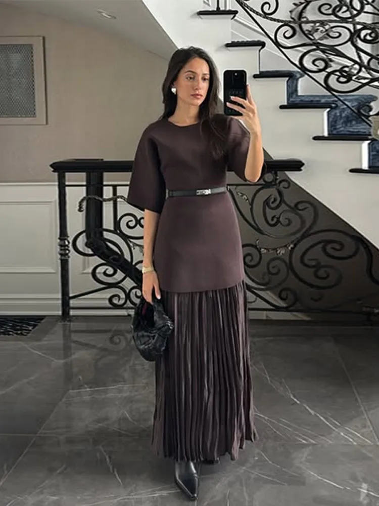 Elegant O-neck Patchwork Long Dresses Women Slim Fit Short Sleeved Pleated Maxi Dress Female 2025 Summer High Street Solid Robes