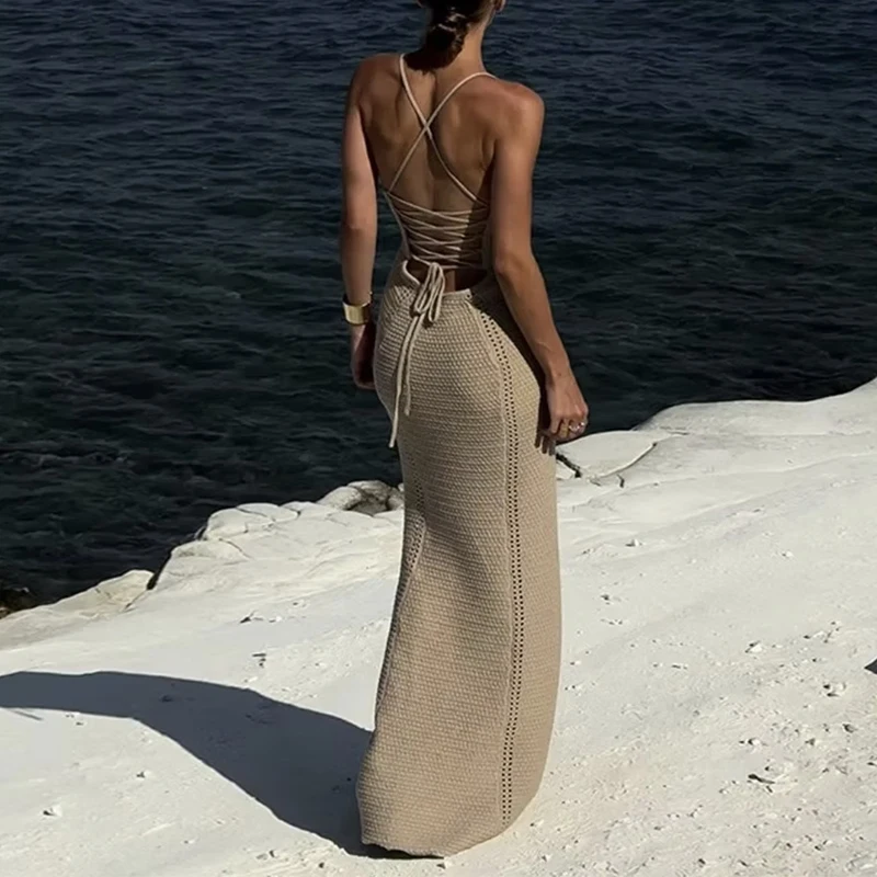 Sexy Style Backless Tie Up Long Dress Summer Pool Party Beach Vacation Slip Dress Fashion Knitting Hollow Out Beachwear Cover Up