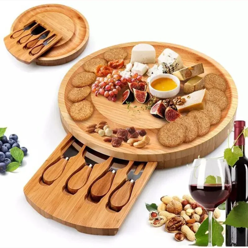 

Bamboo Cheese Board Set round Cheese Cutter Dinner Dessert Plate with Drawer Chopping Board