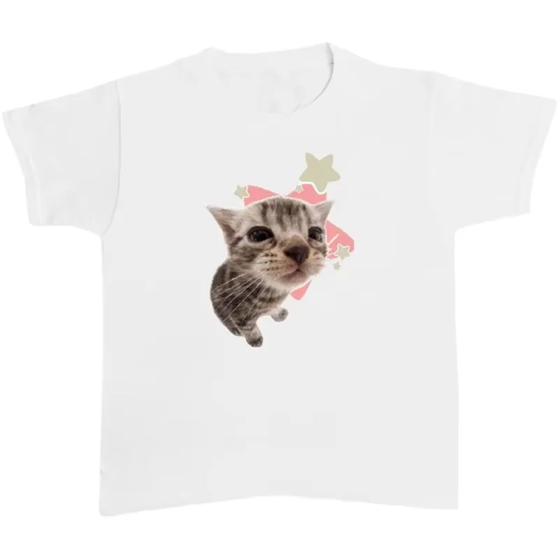 Sexy Slim-Fit Crew Neck Cartoon Kitten Animal Print Decorated Short Sleeve T-Shirt Y2k Millennial-Style 2000s Top For Women