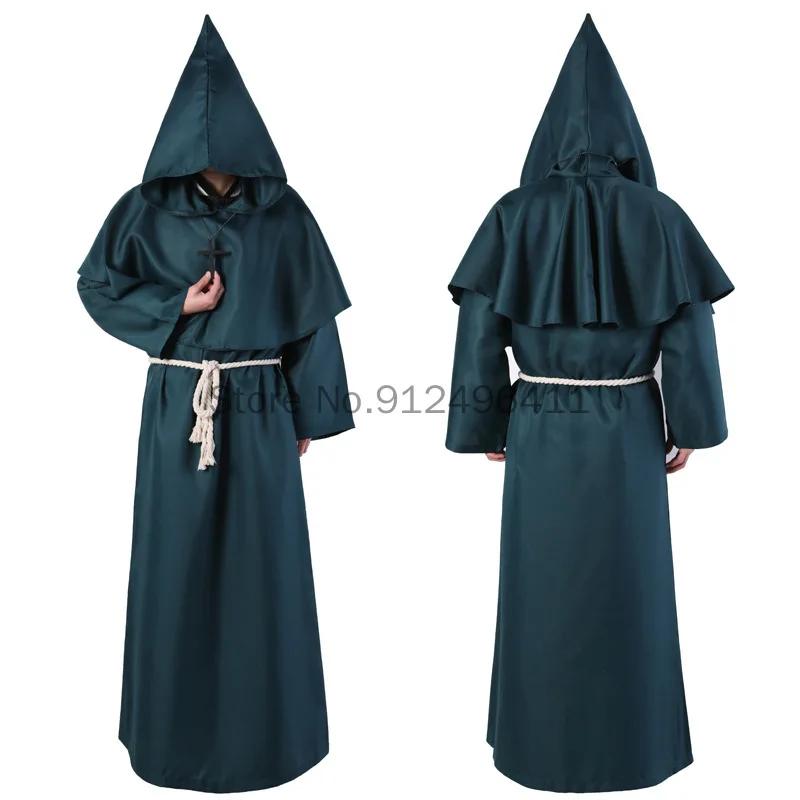 Halloween Costume Men Women Vintage Renaissance Monk Medieval Cosplay Cowl Friar Priest Hooded Robe Rope Cloak Cape