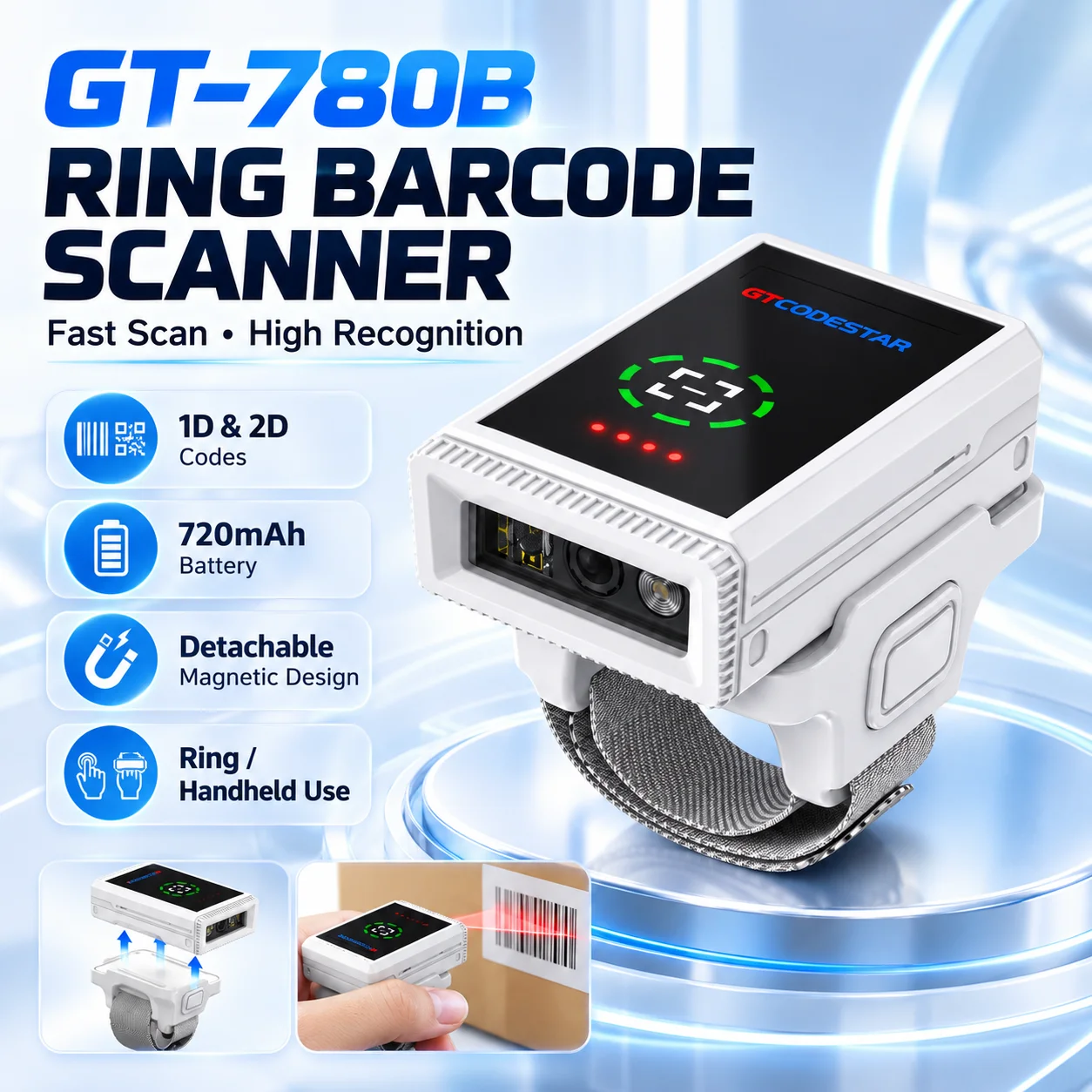 GT-780B Wireless Ring Barcode Scanner 1D 2D Bluetooth 2.4G CMOS 720mAh Wearable Scanner for Warehouse Retail POS