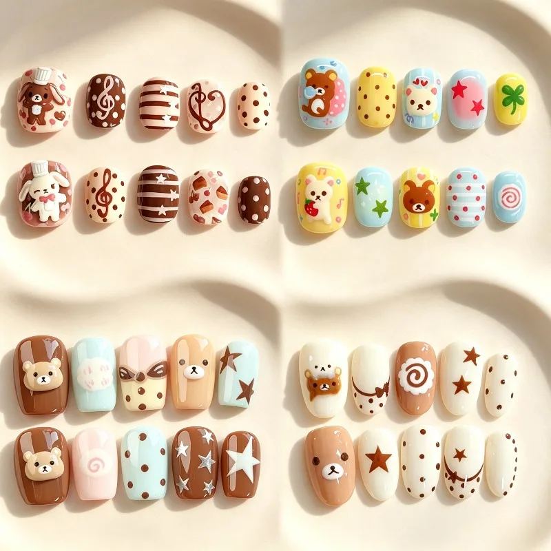 10Pcs Cartoon 3D Rilakkuma Square Short Round Almond Full Cover Nail Cute Bear Cream Style Strawberry Cake Bow Nails Girls Gift