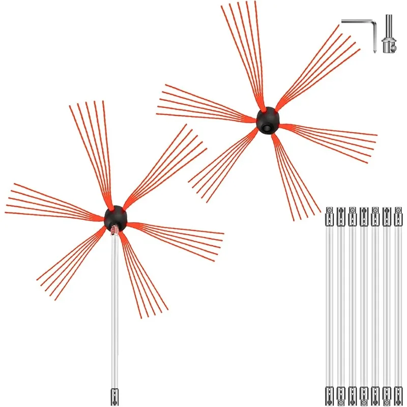 Chimney Sweep Kit 26FT Length, Chimney Brush Kit with 8 Nylon Flexible Rods and 2 Brush Head, Rotary Chimney Cleaning Kit