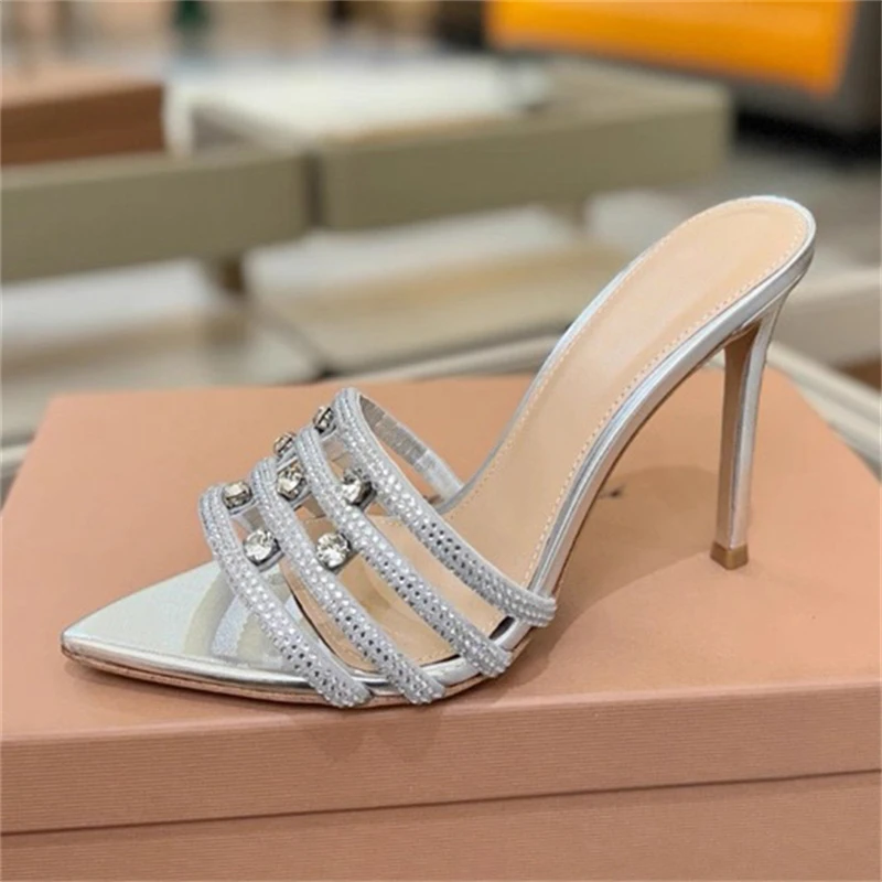

Aneikeh Fashion Crystal Diamond Thin High Heels Slippers Summer Pointed Toe Open Toes Woman Slippers Party Dress Shoes