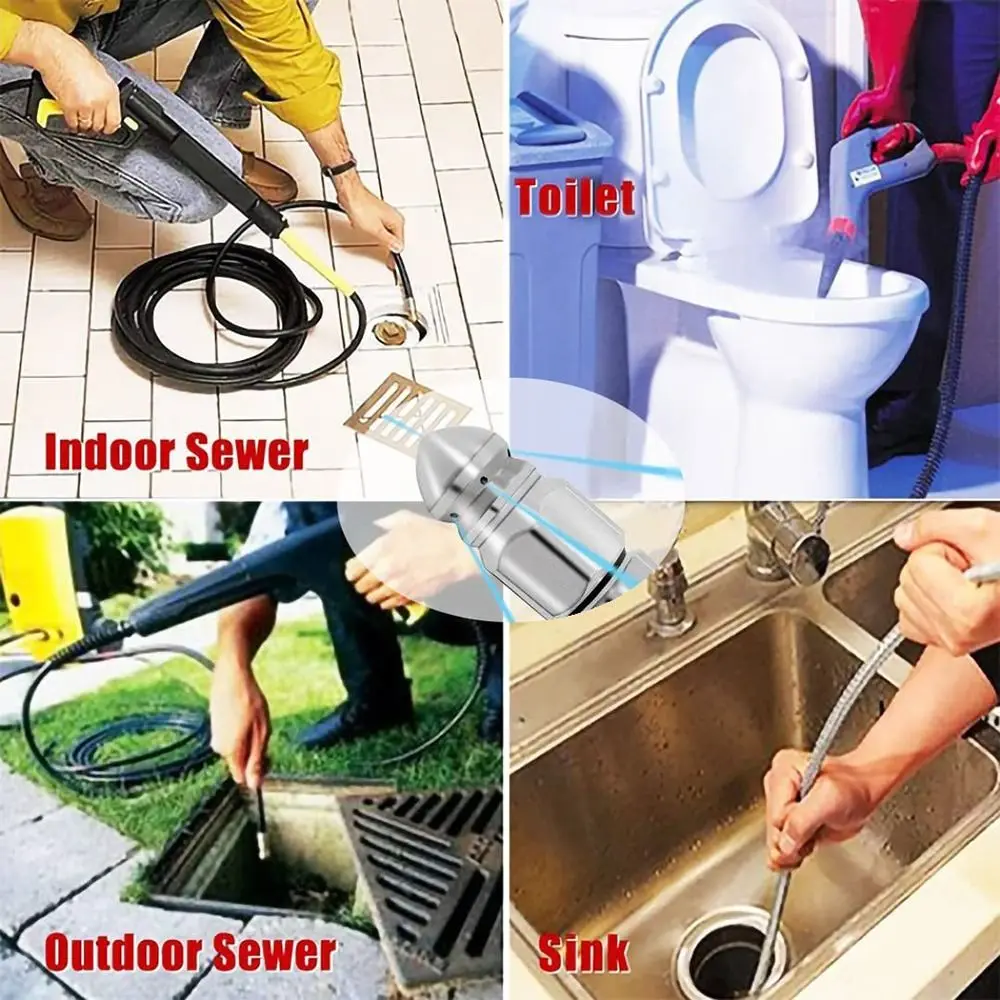 Stainless Steel + Brass Pressure Washer Jetter Nozzle 1 Forward Jet + 6 Rear Jets 1/4'' Quick Connect Sewer Jetter Nozzle