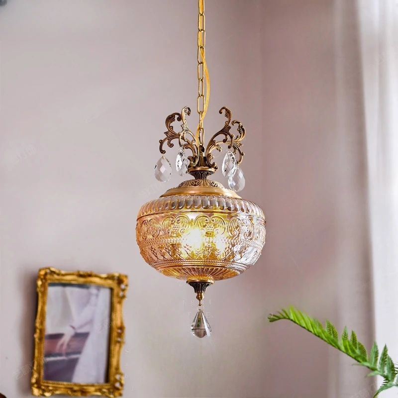 

French Vintage Classical Relief Glass Copper Pendant Lights LED E27 Round Hanging Lamps Living Room Bedroom Restaurant Kitchen