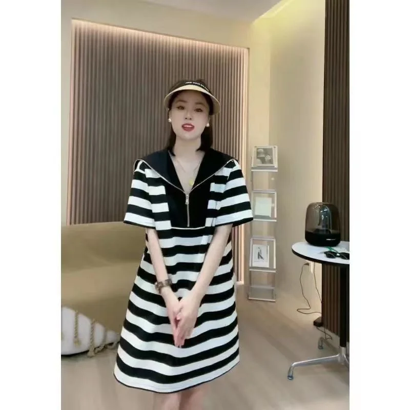 Gestreepte Plus Size Losse Straat Casual Marine kraag T-shirt Jurk Zomer Nieuwe Korte Mouw Rits Mini Jurk Mode Vintage Vrouwen