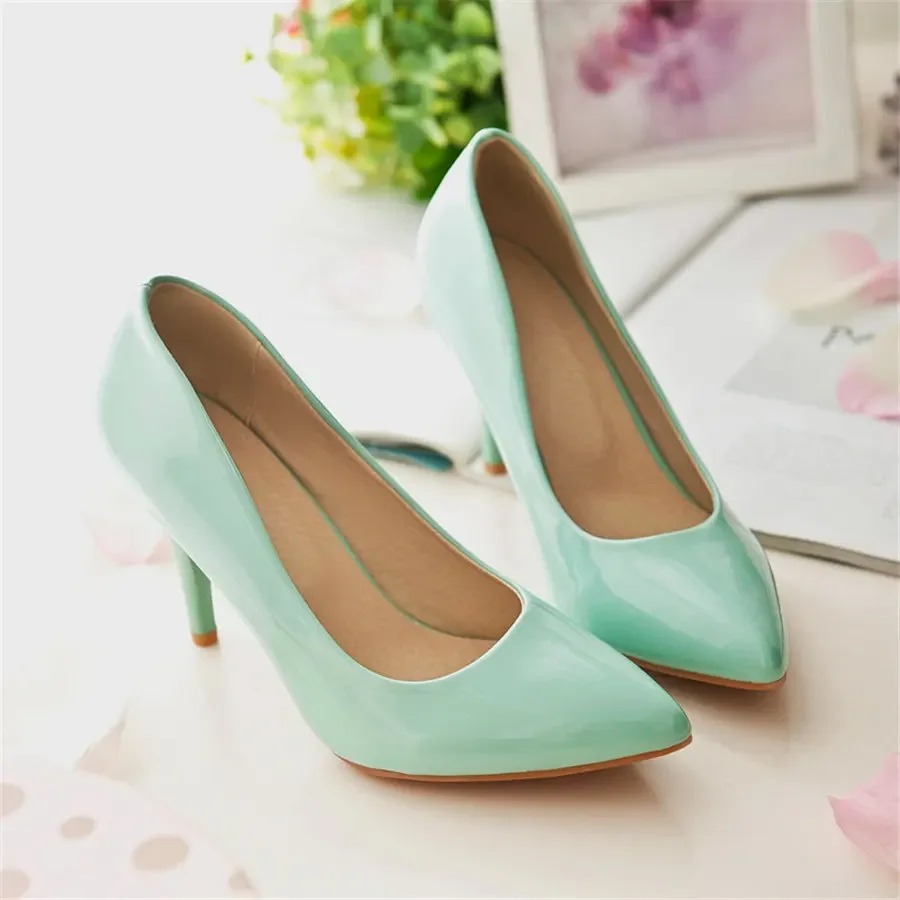 Spring Women Pumps Red Green Patent Leather 8cm High Spike Heels Wedding Party Office Pointed Toe Slip-on Ladies Thin Stilettos