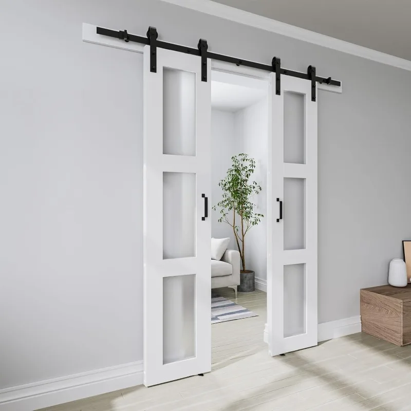 باب الحظيرة المنزلق المزدوج 18 × 84 بوصة مكون من 3 ألواح مع زجاج بلوري ومجموعة أجهزة بطول 6.6 قدم - مقاومة للماء، سهلة التجميع، محفورة مسبقًا