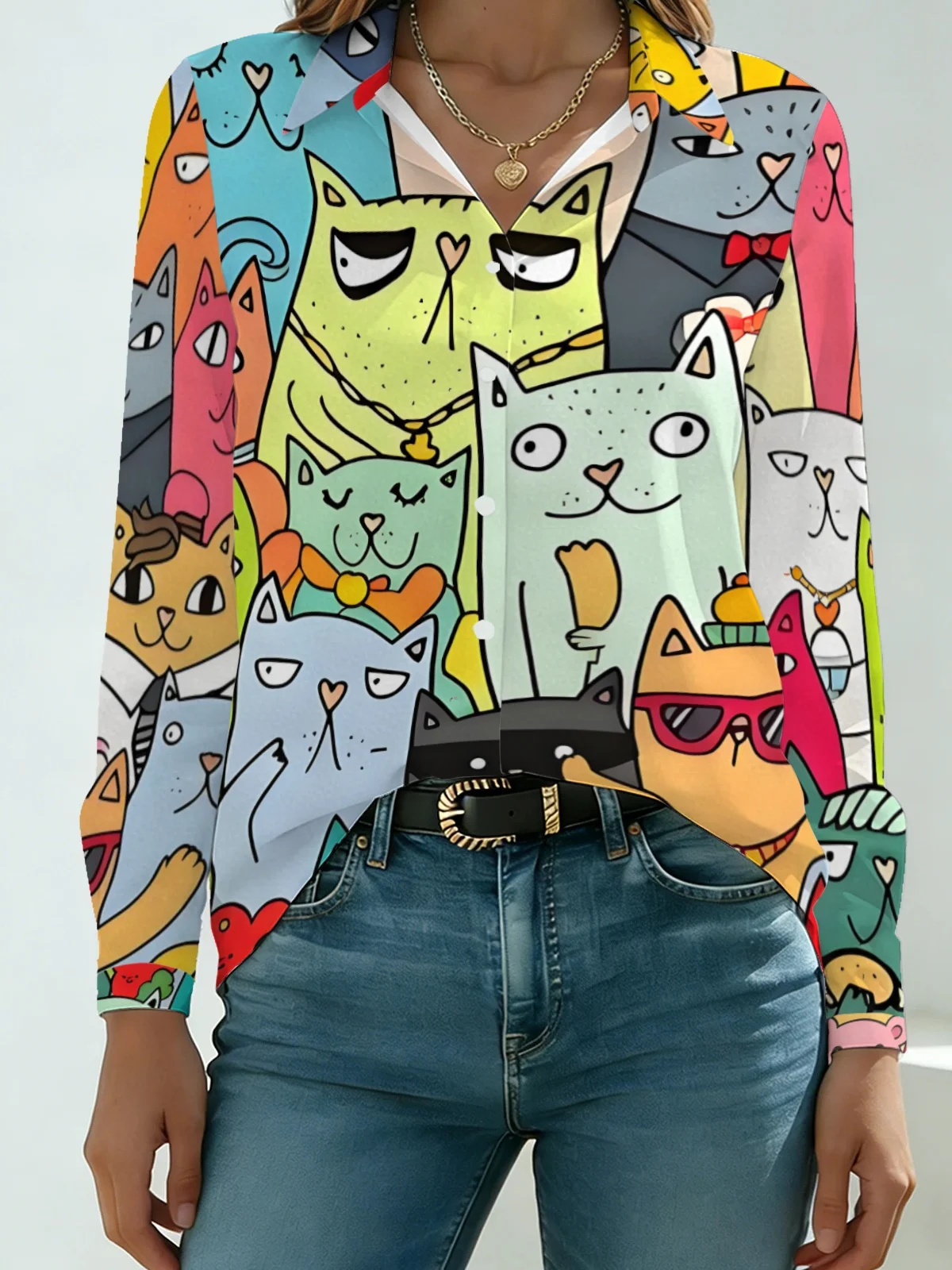 Trendy Stylish Accessory Cat Womens Collared Shirt Full Color Cool Hip Hop Kitten Allover Print Long Sleeve Daily Dating Blouse