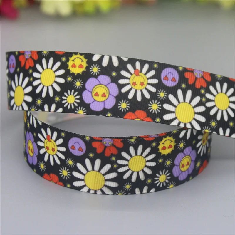 DHK 7/8\'\' 5yards Flower Sunflower Printed Grosgrain Ribbon Accessories Material Headwear Decoration DIY Sewing Craft C2057