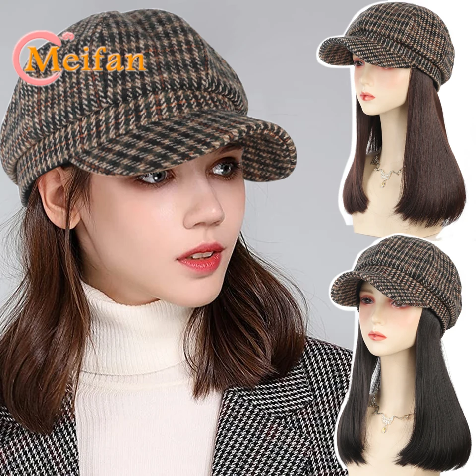 

Houndstooth Baker Hat Wig Synthetic Black Brown Wavy Curly Wig Retro Newsboy Cap Natural Connect Hat Wig for Girl Outdoor Daily