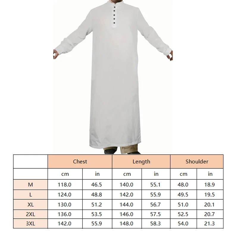 Men\'s Muslim Robe Fashion Solid Color Standing Neck Button Long Sleeve Arab Abaya Kaftan Dress Ramadan Eid Islamic Clothing