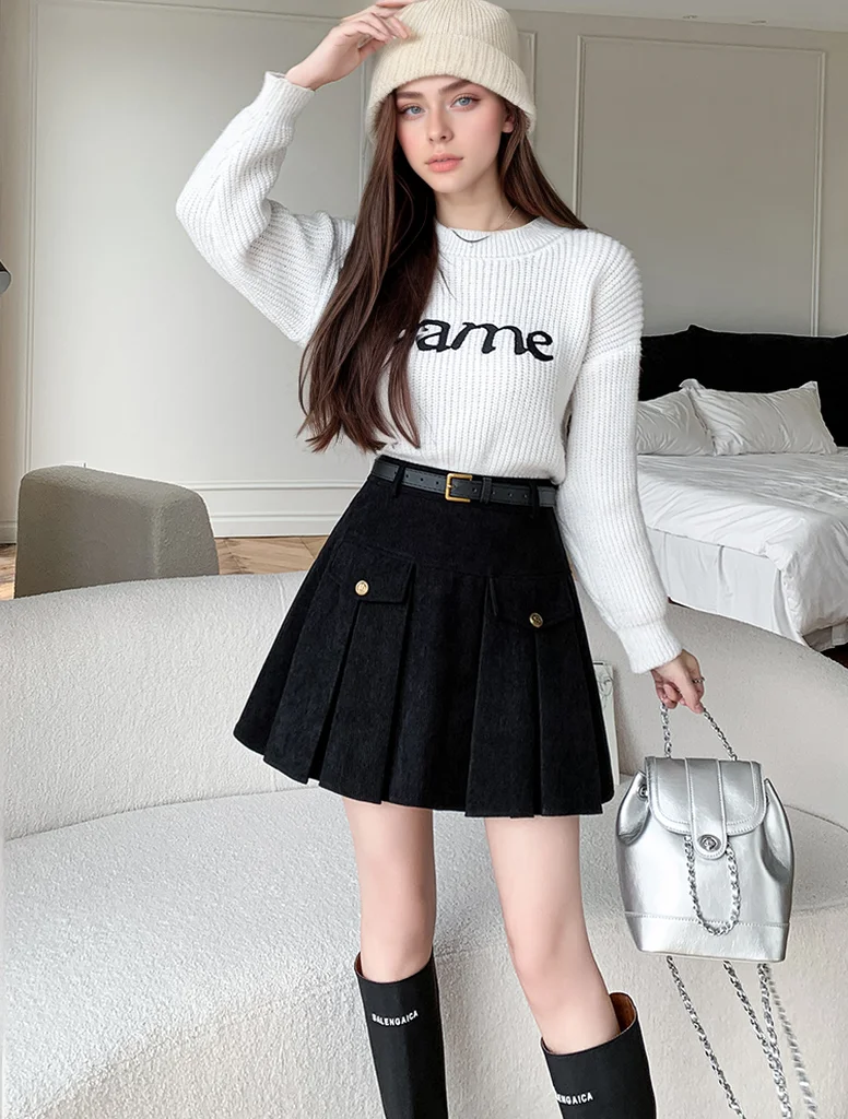 Herbst Winter Verdicken Cord Frauen Falten Rock Mit Gürtel 2024 Hohe Taille Casual Vintage Fracht Kurze Röcke Mädchen