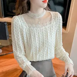 Sexy Gauze Hollow Out Lace Blouse Female Clothing Casual Half High Collar Basic Spring Autumn Stylish Commute Long Sleeve Shirt